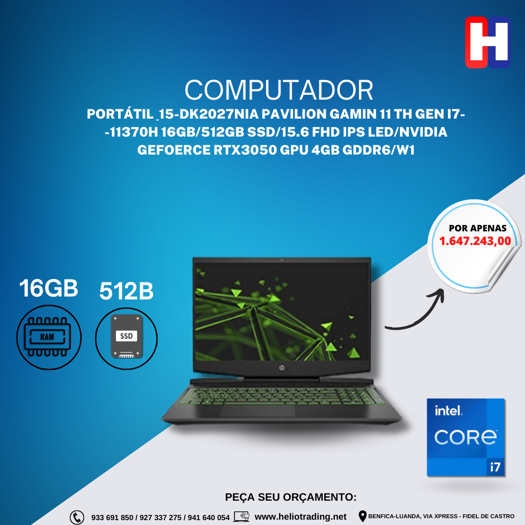 PORTÁTIL  15-dk2027nia PAVILION GAMIN 11 TH GEN I7–11370H 16GB/512GB SSD/15.6 FHD IPS LED/NVIDIA GEFOERCE RTX3050 GPU 4GB GDDR6/W1