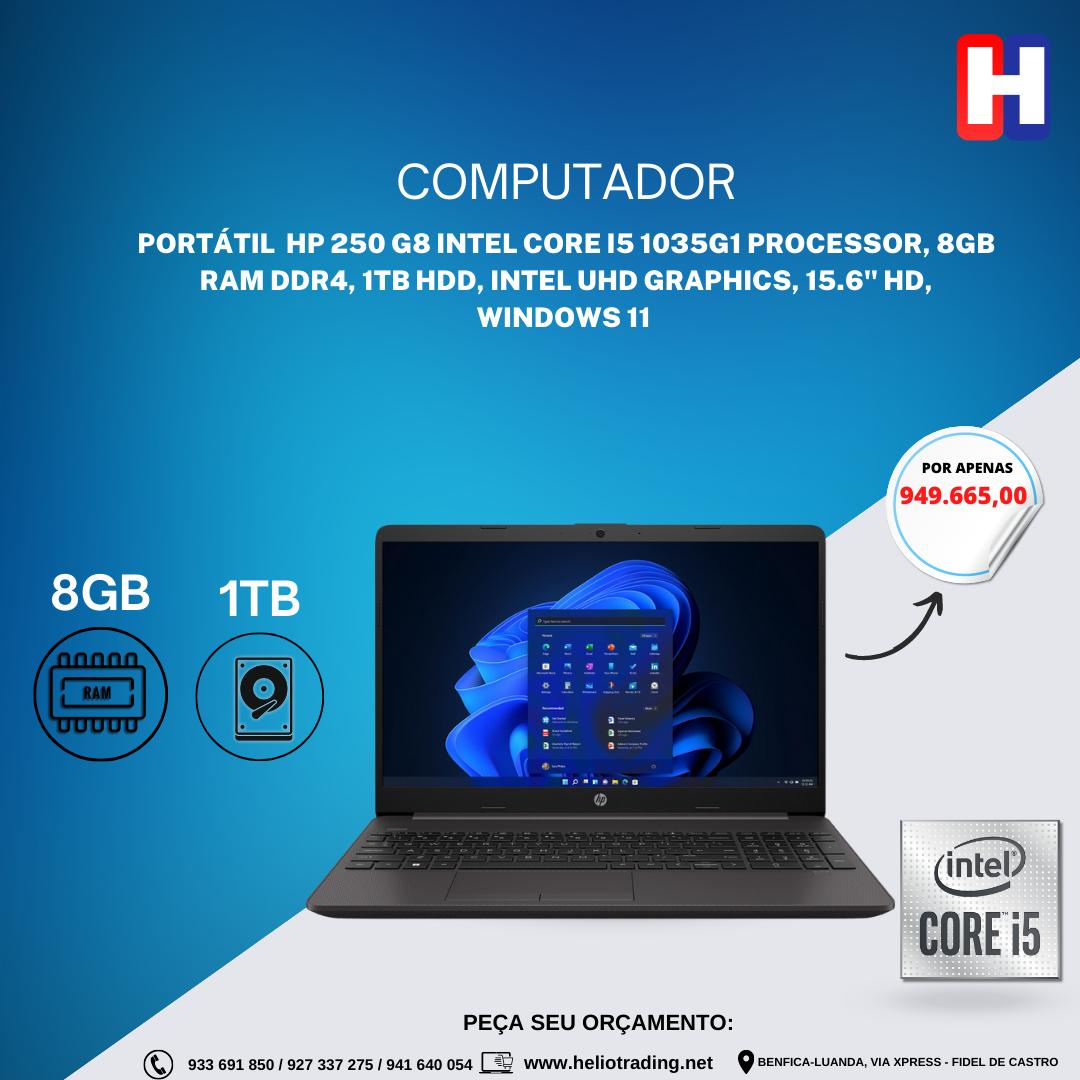 PORTÁTIL  HP 250 G8 Intel Core i5 1035G1 Processor, 8GB RAM DDR4, 1TB HDD, Intel UHD Graphics, 15.6″ HD, Windows 11