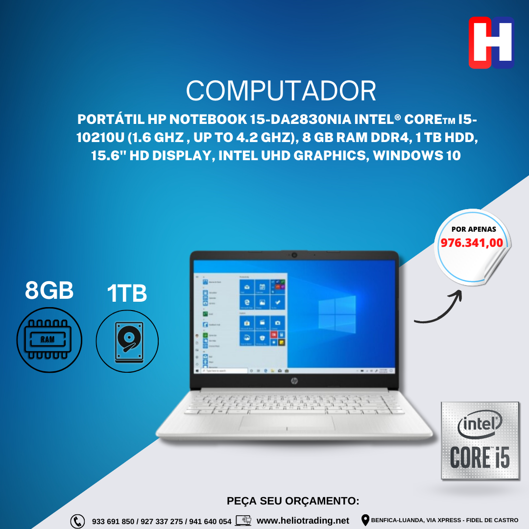 PORTÁTIL HP Notebook 15-da2830nia Intel® Core™ i5-10210U (1.6 GHz , up to 4.2 GHz), 8 GB RAM DDR4, 1 TB HDD, 15.6″ HD Display, Intel UHD Graphics, Windows 10