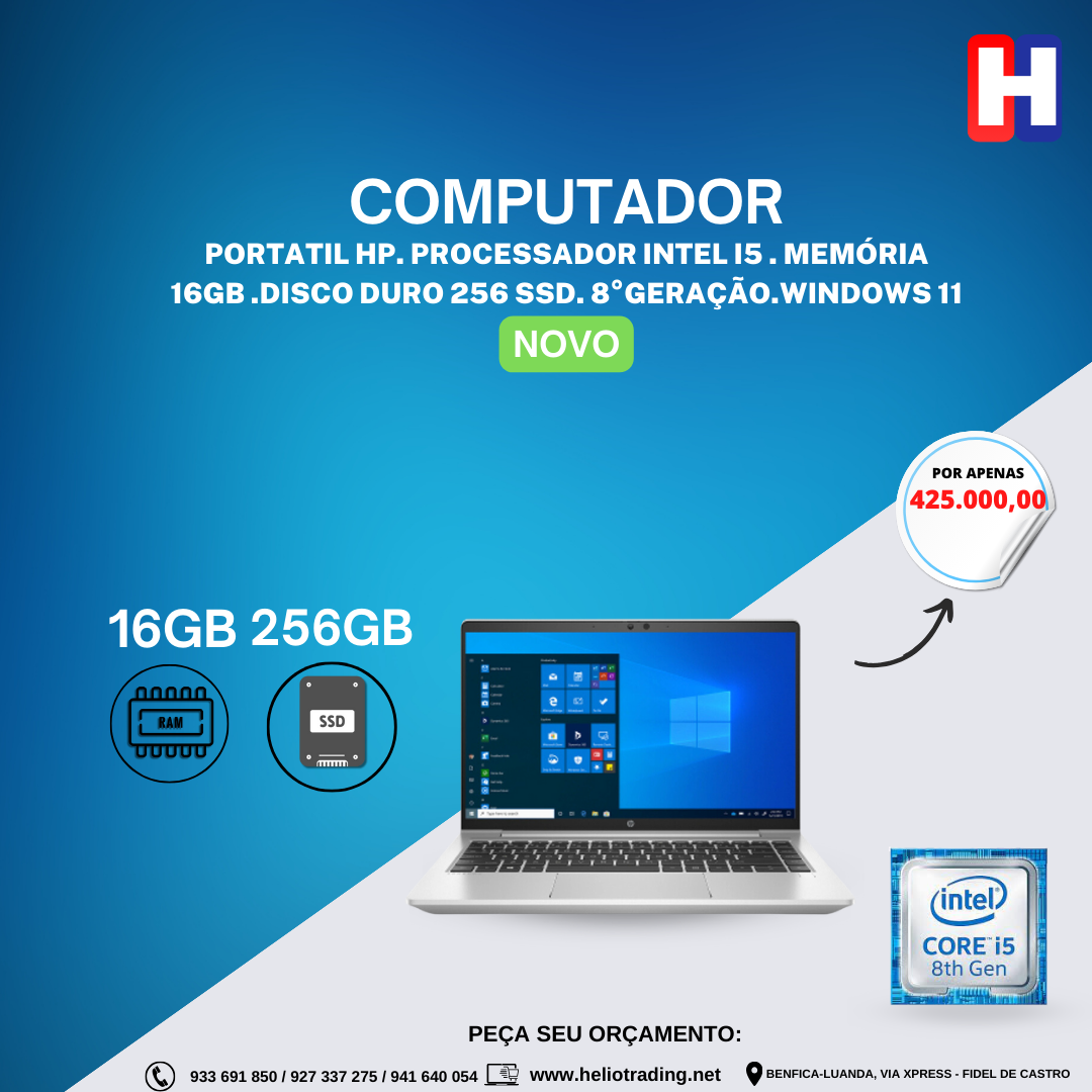 Portatil HP. Processador Intel i5 . Memória 16GB .Disco duro 256 SSD. 8°Geração.WINDOWS 11