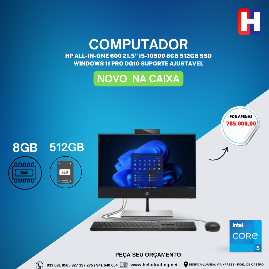 PC HP  ALL-IN-ONE 600 21.5″ I5-10500 8GB 512GB SSD WINDOWS 11 PRO DG10 SUPORTE AJUSTAVEL