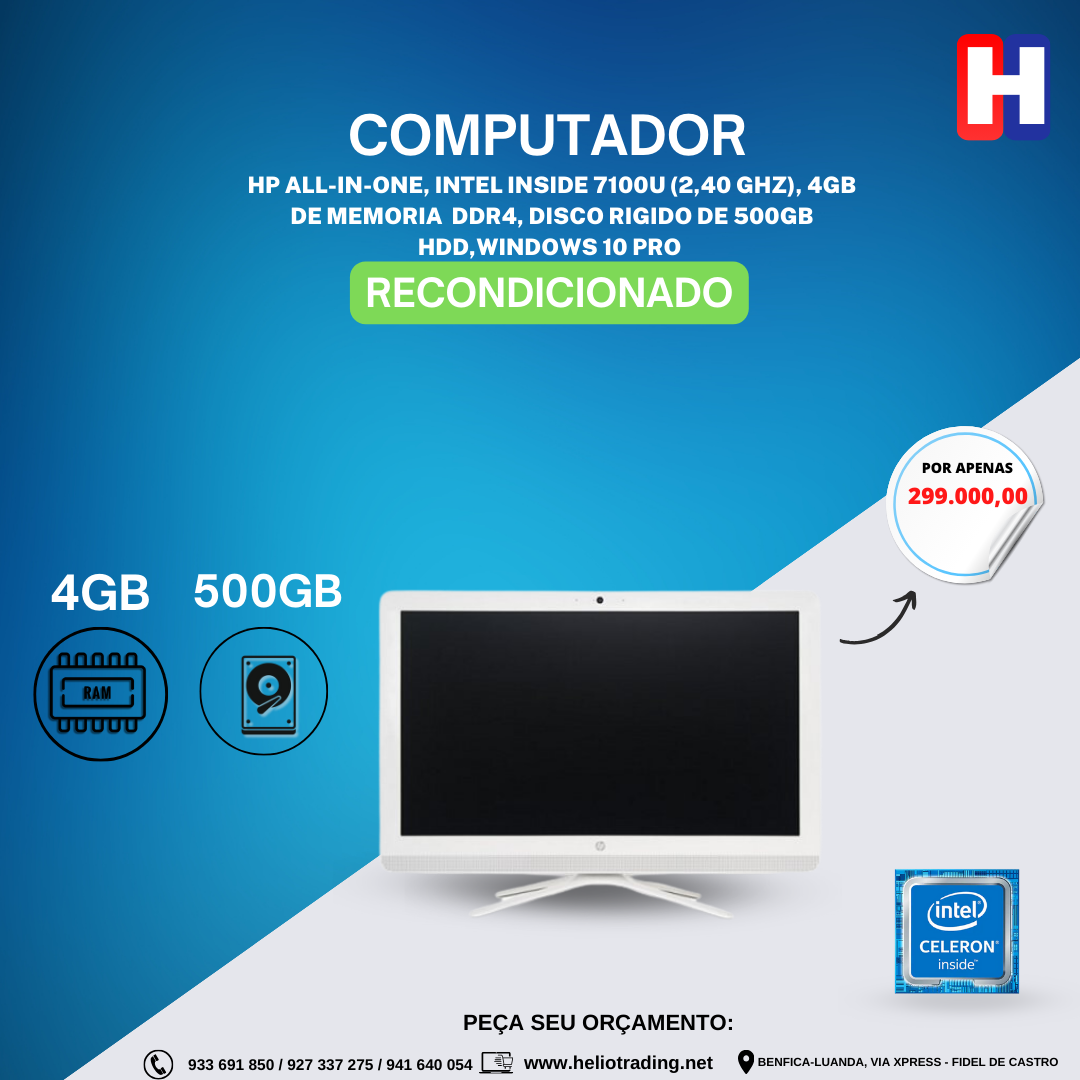 HP ALL-IN-ONE, INTEL INSIDE 7100U (2,40 GHZ), 4GB DE MEMORIA  DDR4, DISCO RIGIDO DE 500GB HDD,WINDOWS 10 PRO