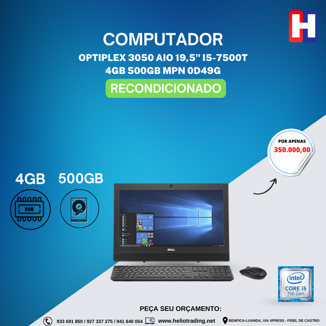 PC ALL IN ONE OPTIPLEX 3050 AIO 19,5 I5 7500T 4GB.MEMORIA RAM. 500 GB.HDD WINDOWS 10