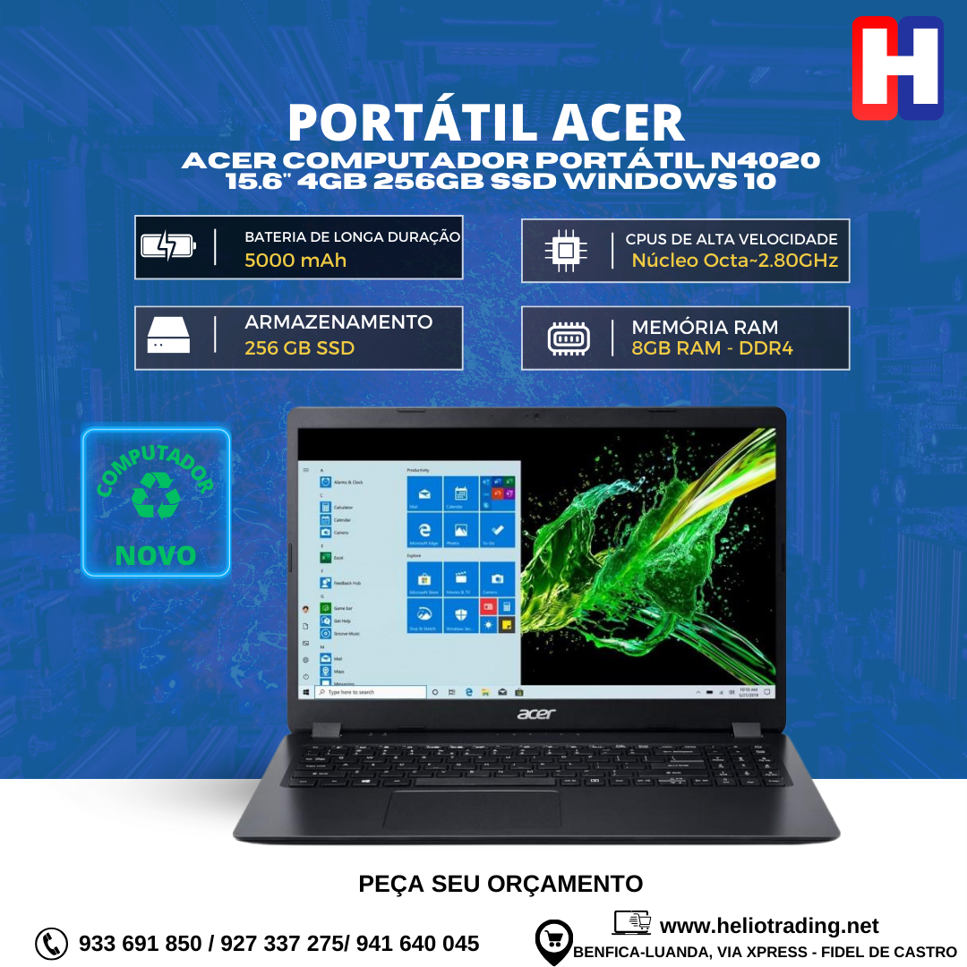 ACER COMPUTADOR PORTÁTIL N4020 15.6″ 4GB 256GB SSD WINDOWS 10
