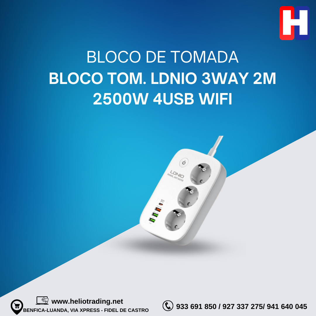 BLOCO TOM. LDNIO 3WAY 2M 2500W 4USB WIFI