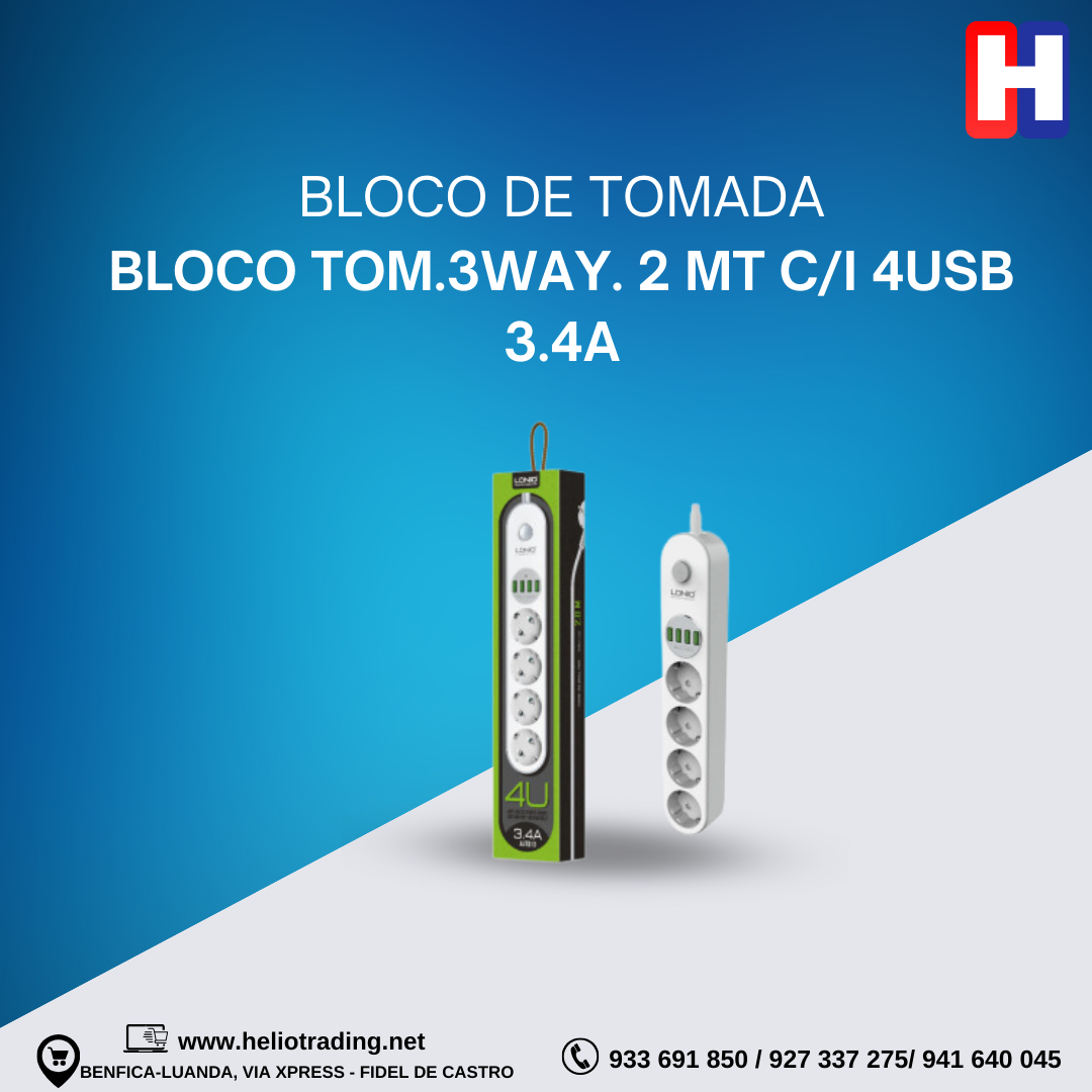 BLOCO TOM.3WAY. 2 MT C/I 4USB 3.4A