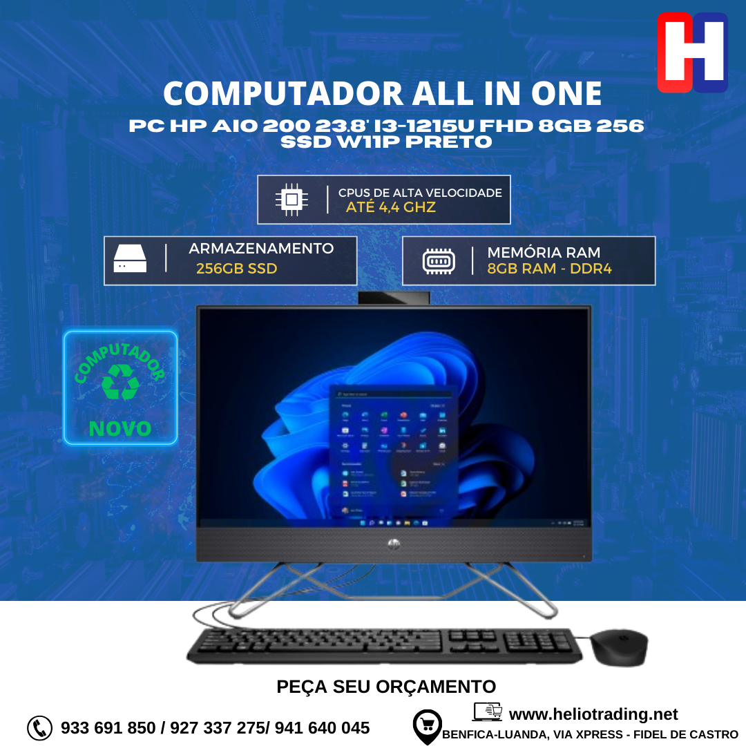 PC HP AIO 200 23.8′ I3-1215U FHD 8GB 256 SSD W11P PRETO