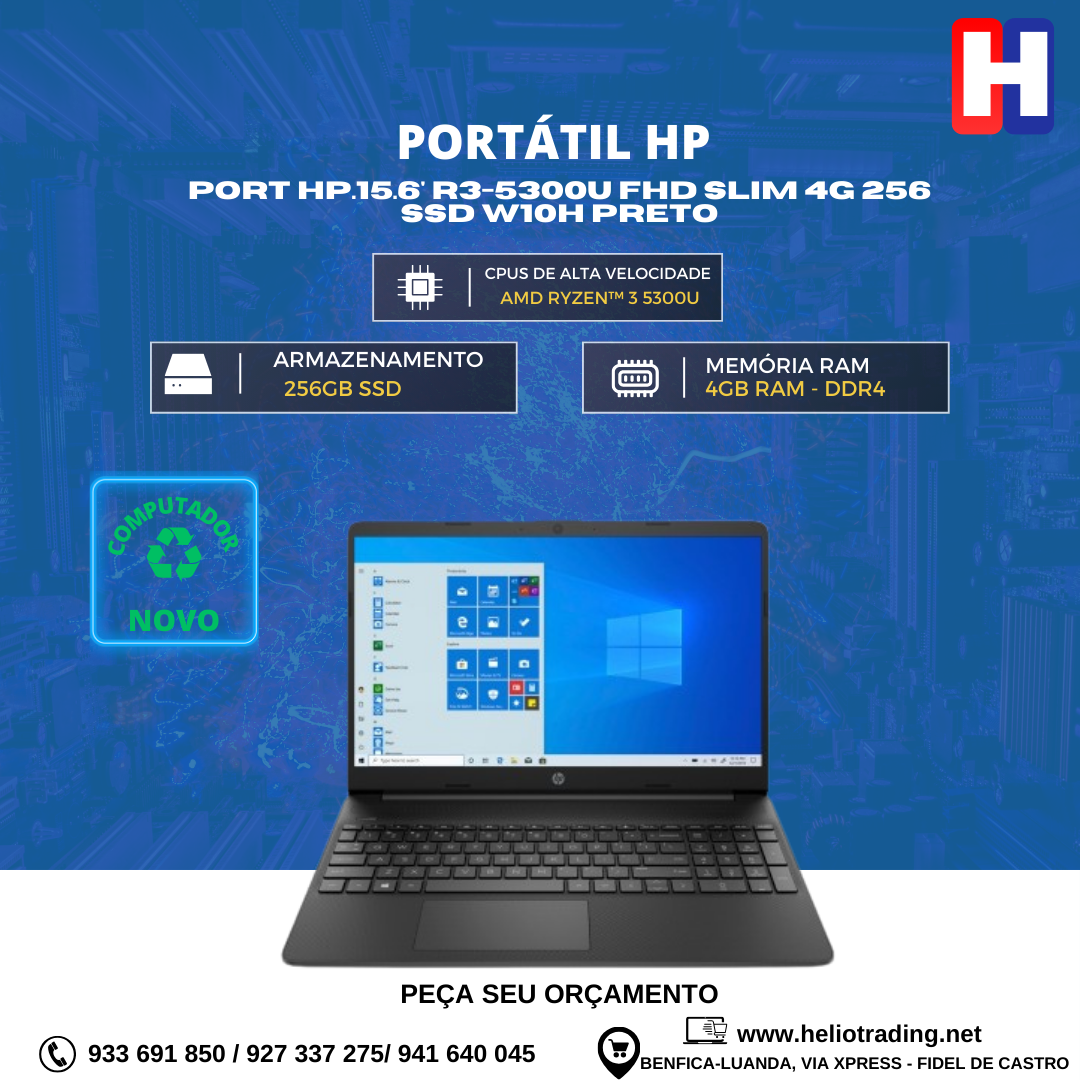 PORT HP.15.6′ R3-5300U FHD SLIM 4G 256 SSD W10H PRETO