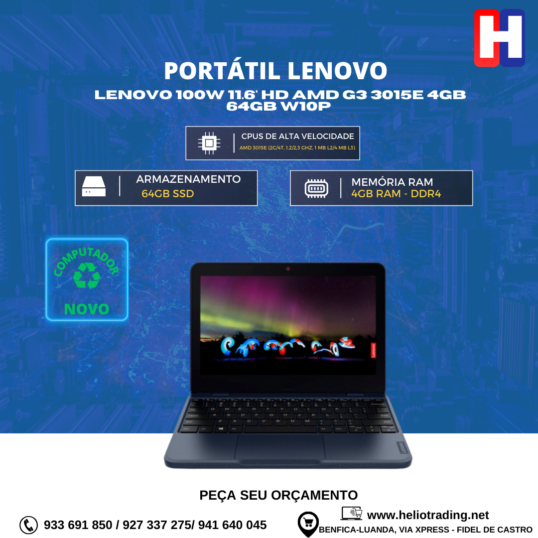 PORTÁTIL  LENOVO 100W 11.6′ HD AMD G3 3015E 4GB 64GB W10P